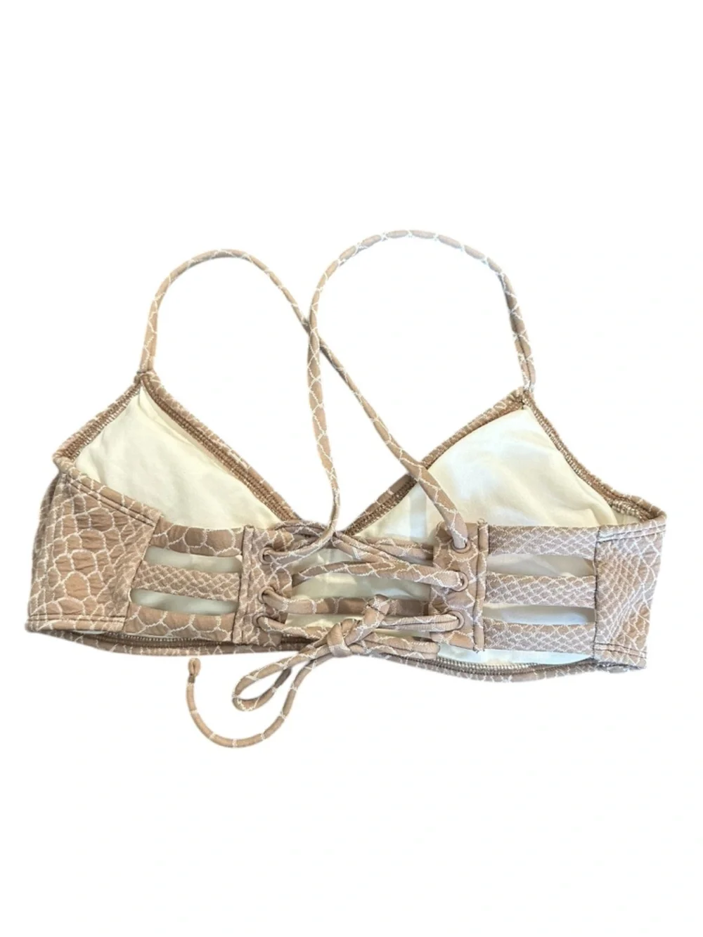 Hula Honey Cream Bikini Swim Top with Brown Strap Detail M